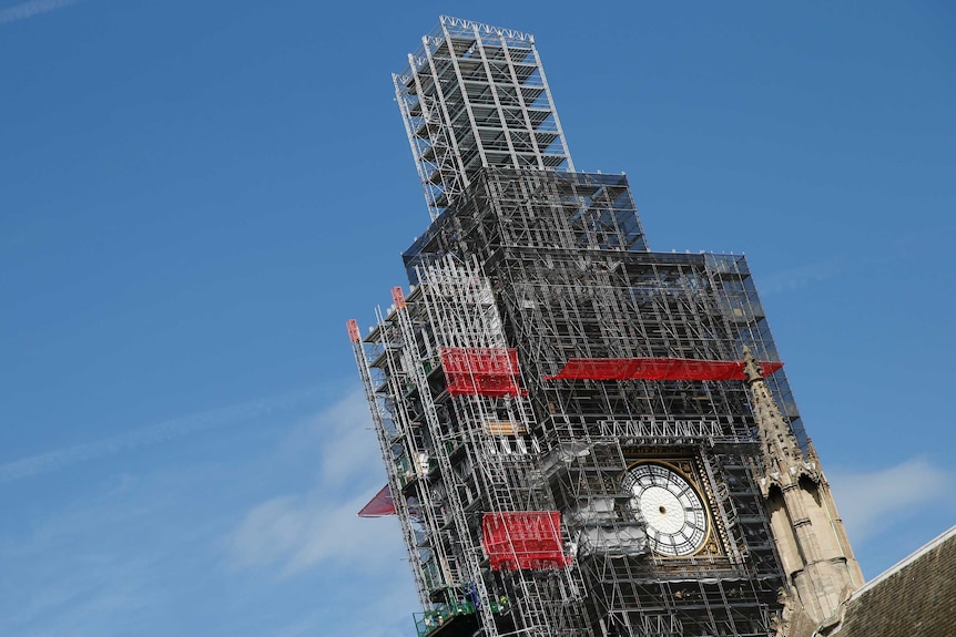 Scaffolding surrounds the Queen Elizabeth Tower which holds the bell known as Big Ben.