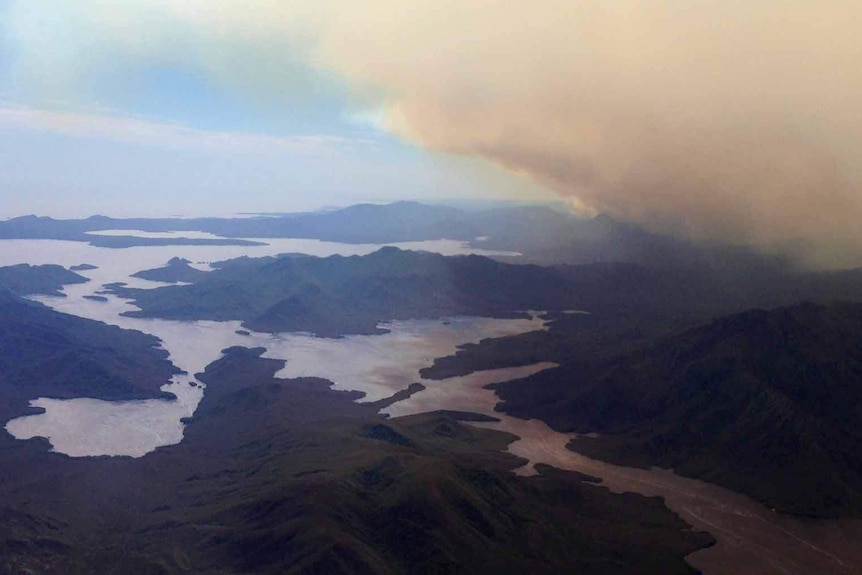Smoke hovers over Port Davey in Tasmania's south-west.