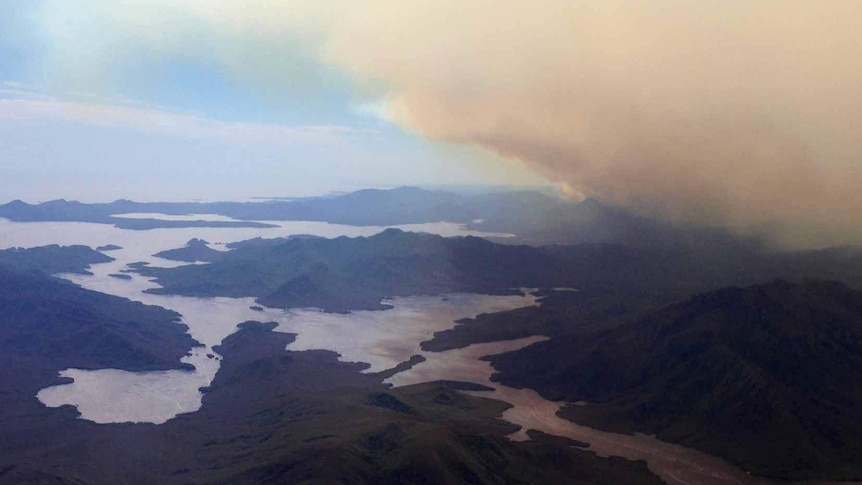 Smoke hovers over Port Davey in Tasmania's south-west.