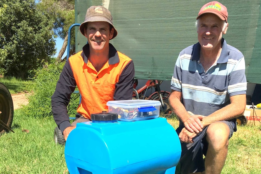 Stephen and Malcolm Bennet with their vineyard robot.