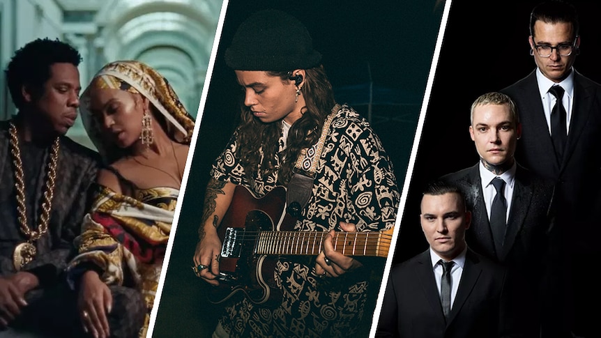 A collage of Jay-Z, Beyoncé, Tash Sultana, and The Amity Affliction
