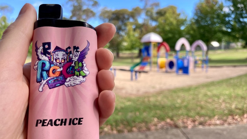 A vape in a hand with a playground out of focus in the background.