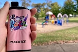 A vape in a hand with a playground out of focus in the background