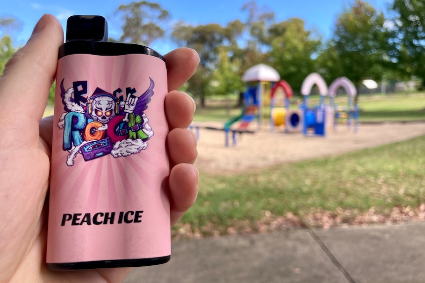 A vape in a hand with a playground out of focus in the background