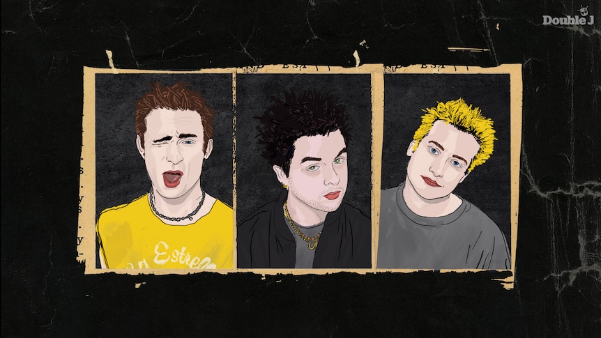 An illustration of Mike Dirnt, Billie Joe Armstrong and Tre Cool from American pop punk band Green Day set on a black background