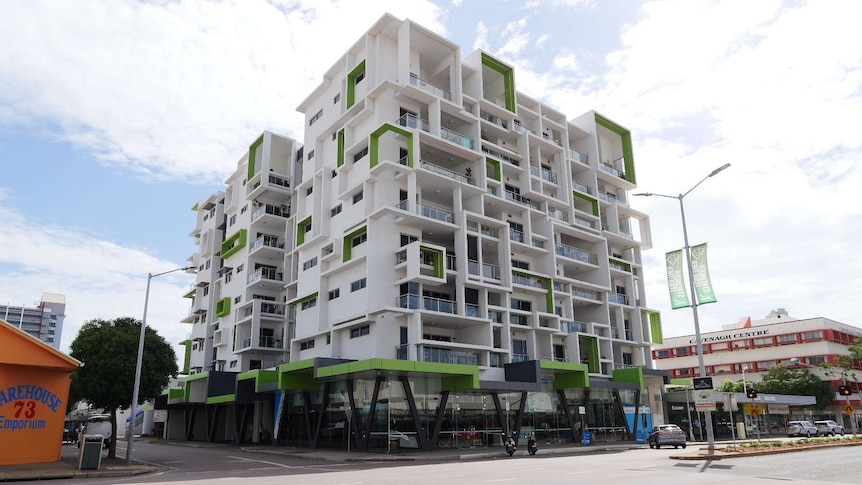 A photo of an apartment block in Darwin's CBD in broad daylight.