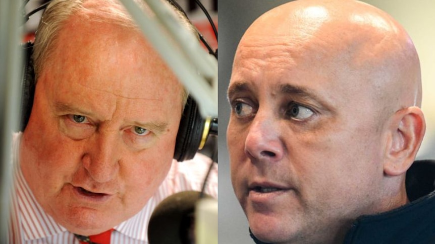Alan Jones talking into a microphone next to a photo of Damion Flower