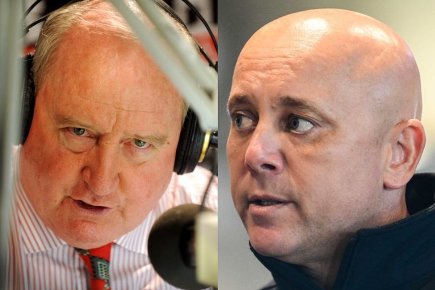 Alan Jones talking into a microphone next to a photo of Damion Flower