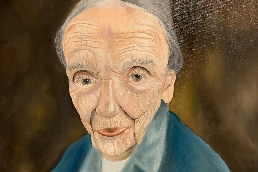 An oil painting of a 100 year old woman staring down the camera, with intense green eyes.