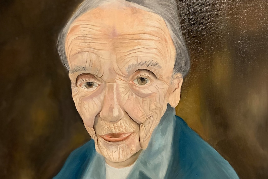 An oil painting of a 100 year old woman staring down the camera, with intense green eyes.