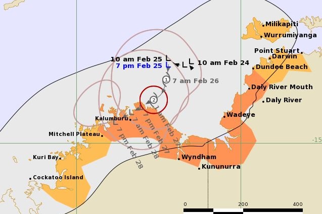 A BOM track map of a tropical low in the Timor Sea expected to develop into a cyclone.