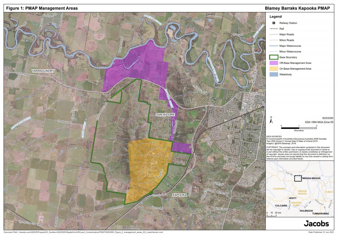 A satellite image of the area in and around the Kapooka Army Base subject to a PFAS contamination study. 