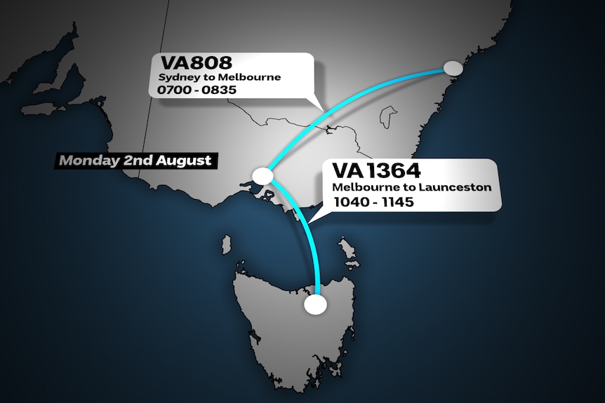 A map showing where Tasmania's new COVID case travelled. He arrived in Tasmania via Sydney and Melbourne on a Virgin flight.