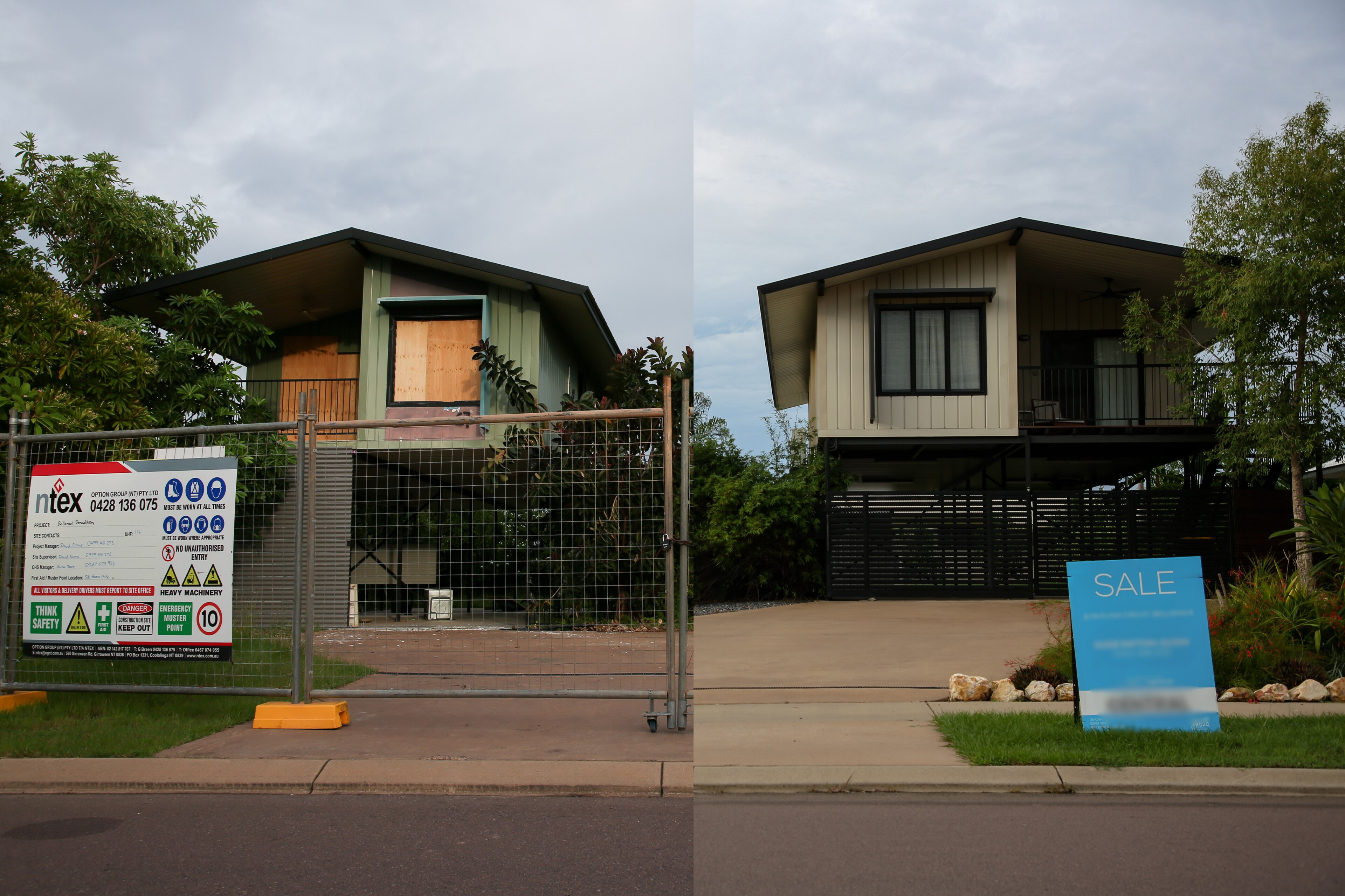 A composite image of two houses with construction problems in Bellamack.