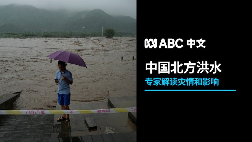 一名男子举着伞站在一望无际的洪水前。