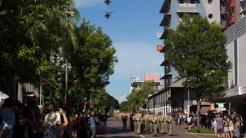 Australian troops march through Darwin on ANZAC Day.