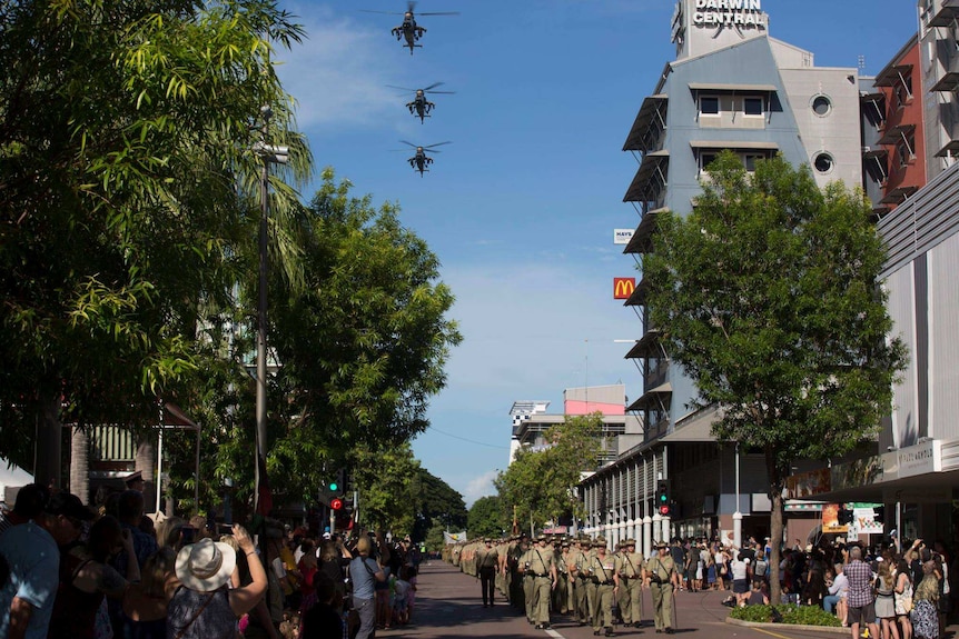 Australian troops march through Darwin on ANZAC Day.