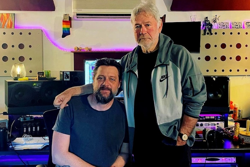 Two men in a recording studio in Gosford, New South Wales.