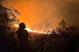 Silhouette of a firefighter with large flames in the background