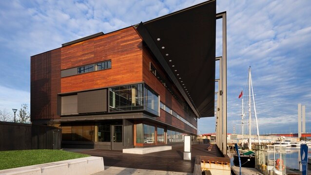 A wooden building, Library at the Dock, is pictured in Melbourne.