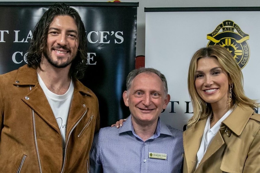 An image of Matt Copely, St Laurence's music teacher Dr Anthony Young and Delta Goodrem