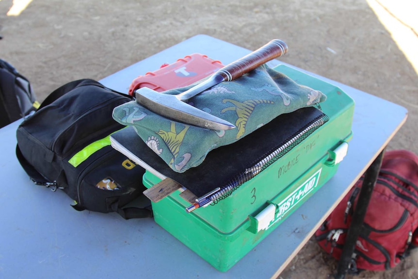 A pick lies on a pencil case printed with cartoon dinosaurs, with a tool box and bags.