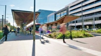 Canberrans walk around the light rail station in Civic.