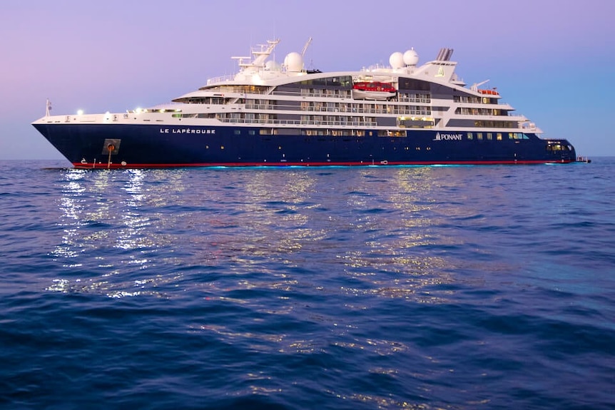 A cruise ship in low mauve light.