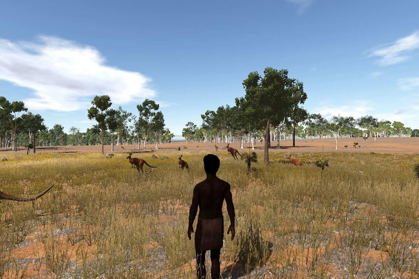 A 3D rendering of an indigenous man walking among a pack of Red Kangaroos.