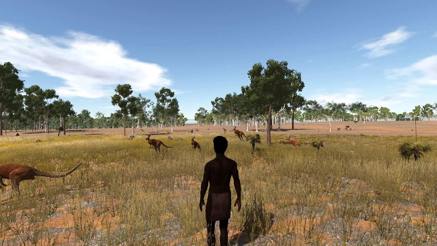 A 3D rendering of an indigenous man walking among a pack of Red Kangaroos.