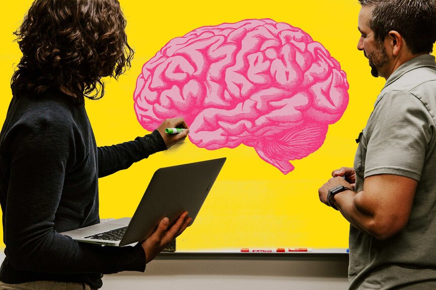 Illustration of a pink brain on a yellow board at work with two men looking.