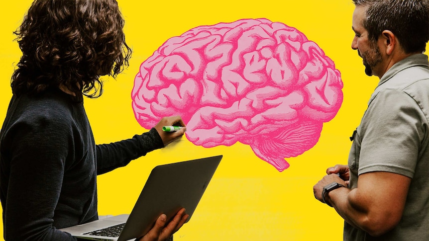 Illustration of a pink brain on a yellow board at work with two men looking for a story about creating a mentally healthy work.