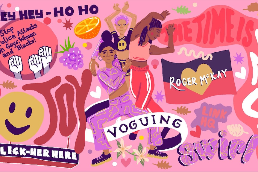 Colourful illustrations of people dancing and words like voguing