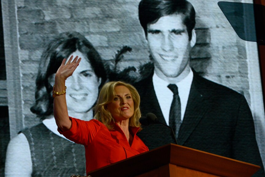 Ann, the wife of presidential candidate Mitt Romney, waves from the stage of the 2012 Republican National Convention.