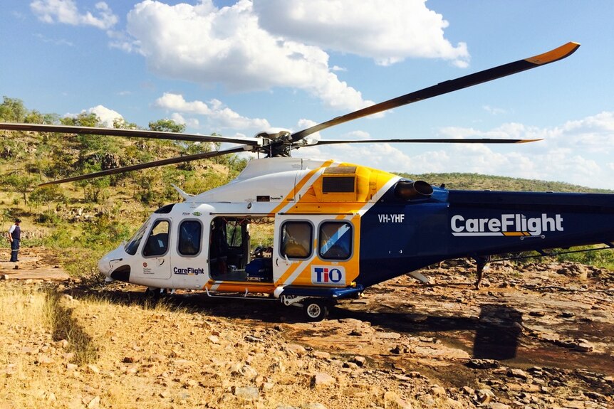 The CareFlight helicopter at Katherine Gorge during the rescue of a school group.