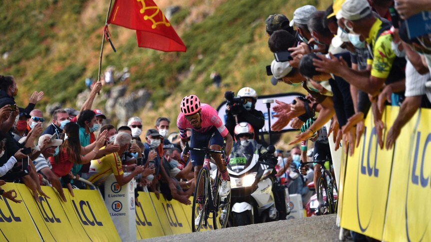 A cyclist in a pink shirt and helmet rides up a steep hill to the finish of a Tour de France stage.