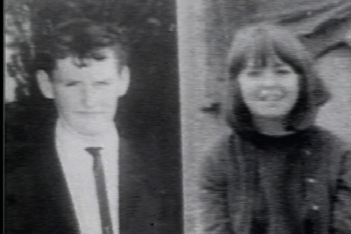 A black and white composite photo of a young man and young woman.