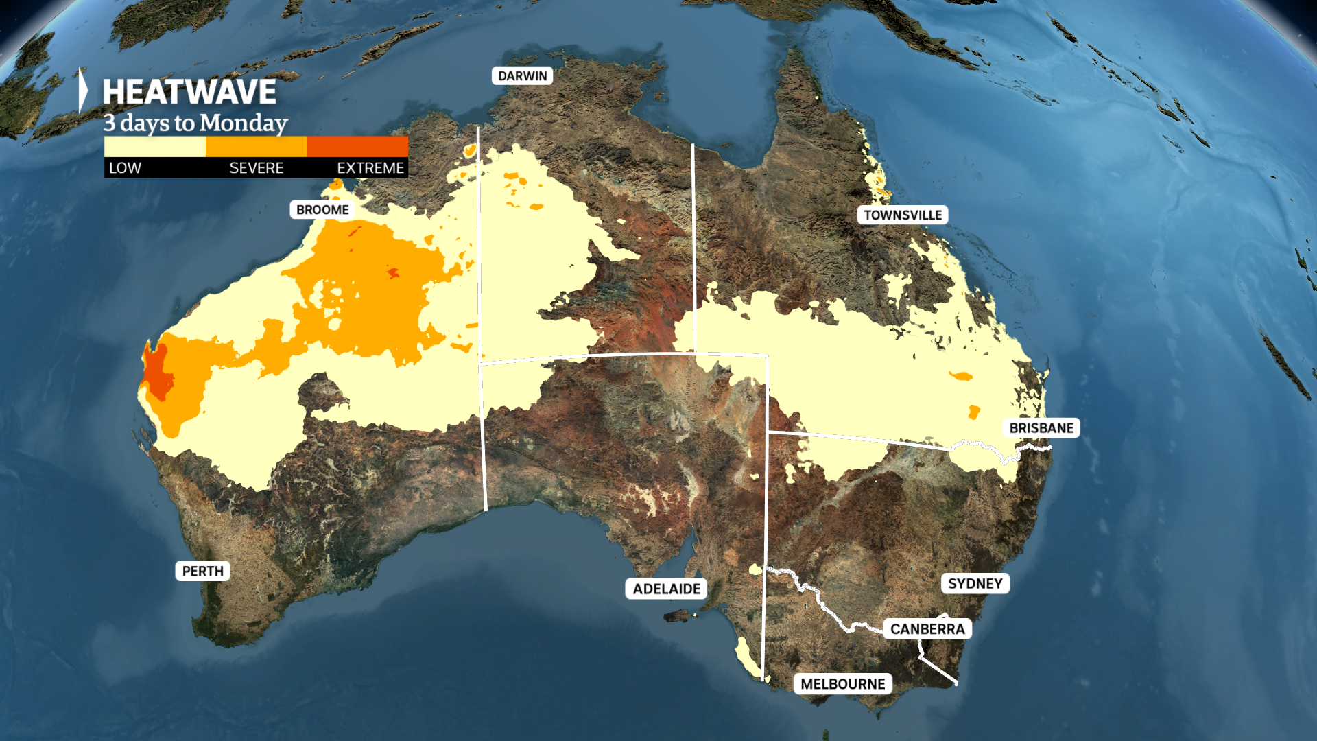 Um mapa meteorológico australiano mostra uma onda de calor no interior e no norte de WA ao entrar em sua terceira semana.