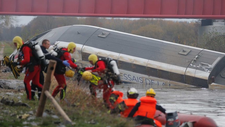 A test TGV train derails and crashes in a canal outside Eckwersheim near Strasbourg, eastern France, November 14, 2015.