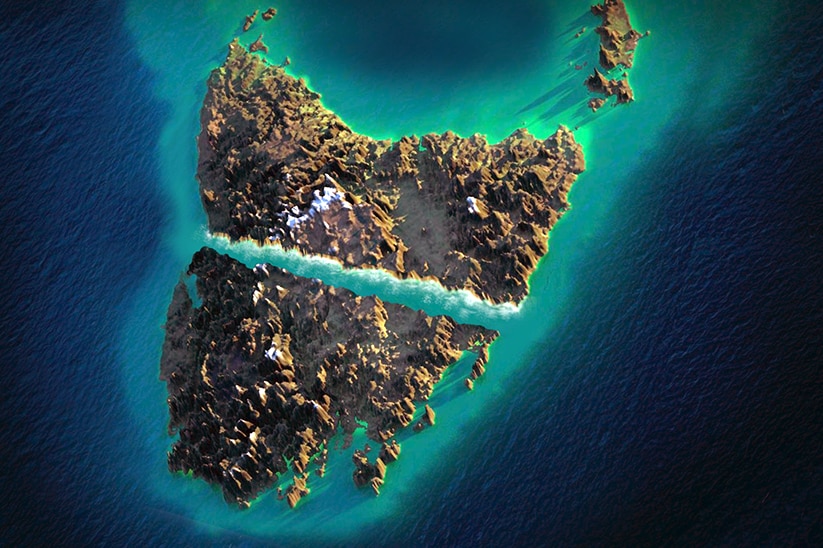 Artist's impression of an aerial view of Tasmania split in half along the 42 parallel.