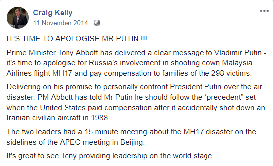 A screenshot shows a post from Craig Kelly on November 11, 2014 about Vladimir Putin, saying "it's time to apologise for… MH17".