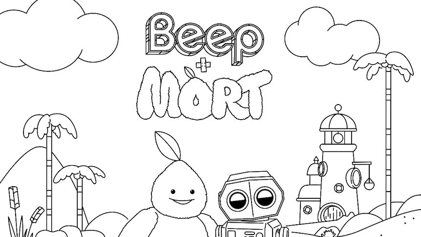 Line drawing of Beep and Mort key art with characters standing in front of a lighthouse.