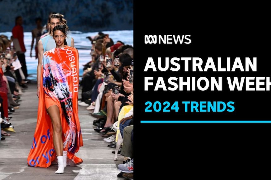 Australian Fashion Week, 2024 Trends: Models walk down a catwalk with a crowd on each side.