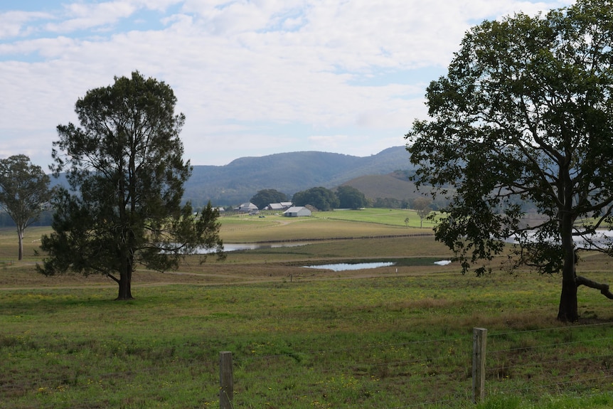 Landscape with rolling hills, sheds in the distance