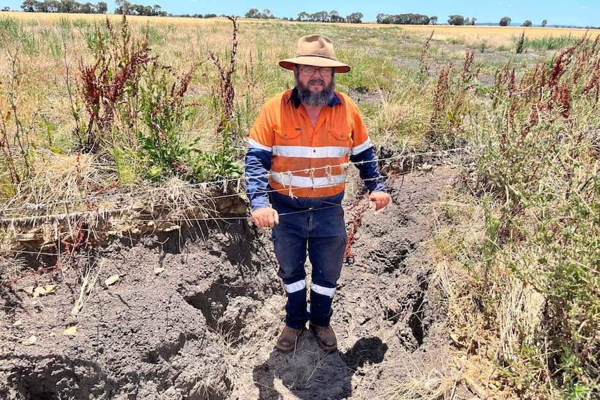 Man standing in a hole under a fence in a paddock 