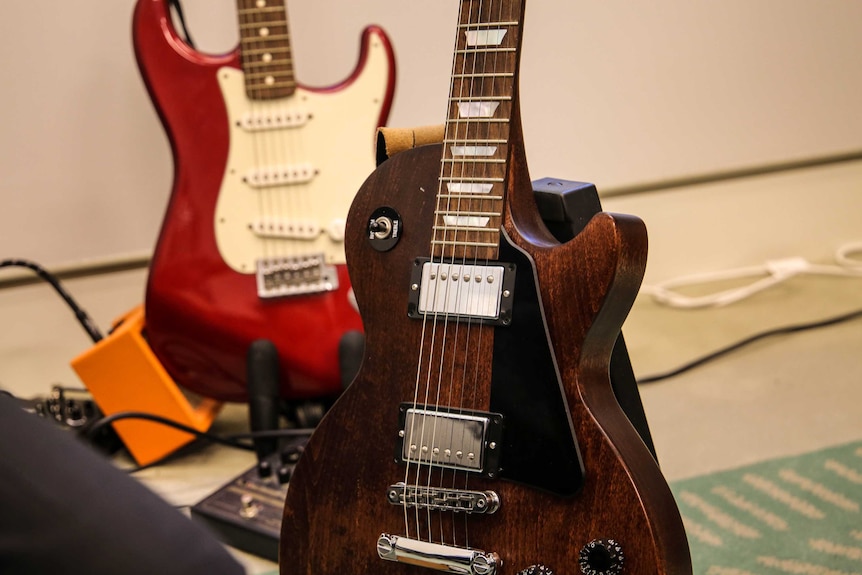 Tony Burke's collection of guitars in his office at Parliament House. (April 2017)