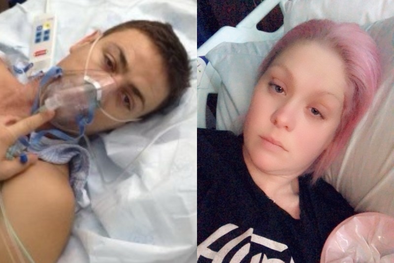 A composite image  showing a man in a hospital bed and a woman in a hospital bed.
