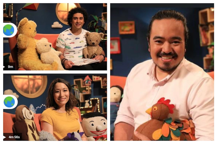 Images of Osamah Sami, Adam Liaw and Kumi Taguchi sitting on the Play School Story Time Languages couch