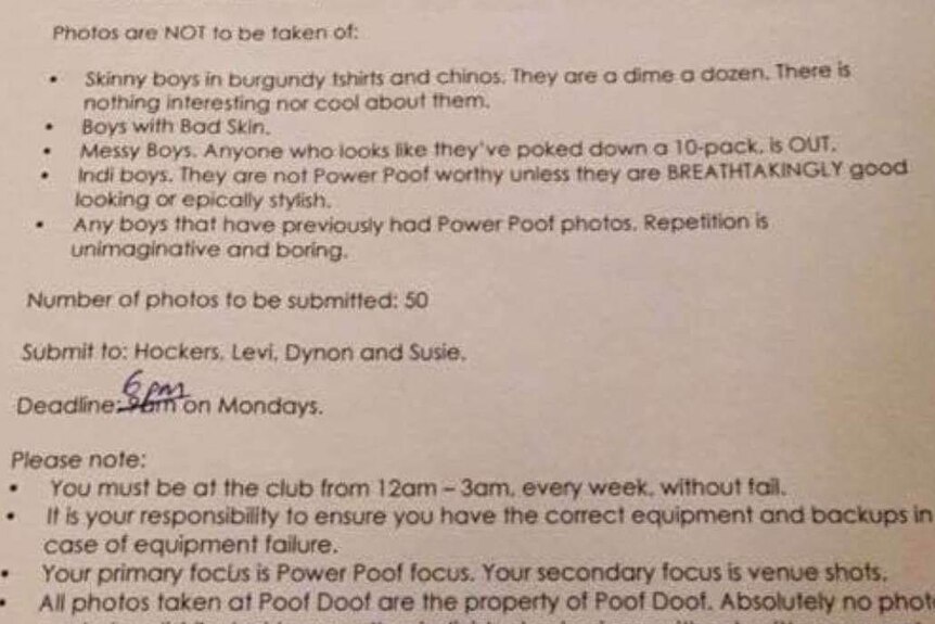 A photo of a photographers' brief given to those taking photos at gay dance party, Poof Doof.