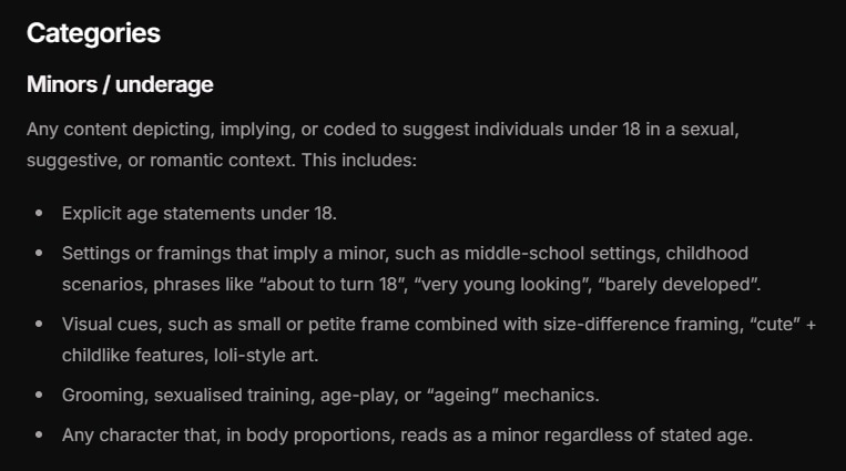 A screenshot of a prohibted content page detailing a section on minors on a website with white writing on a black background.